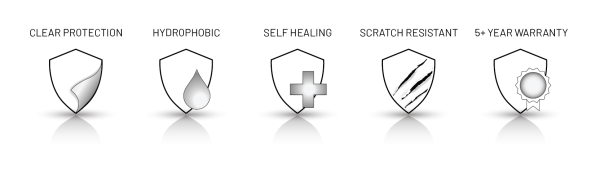XPEL PPF feature icons - Self-healing, hydrophobic, stain-resistant